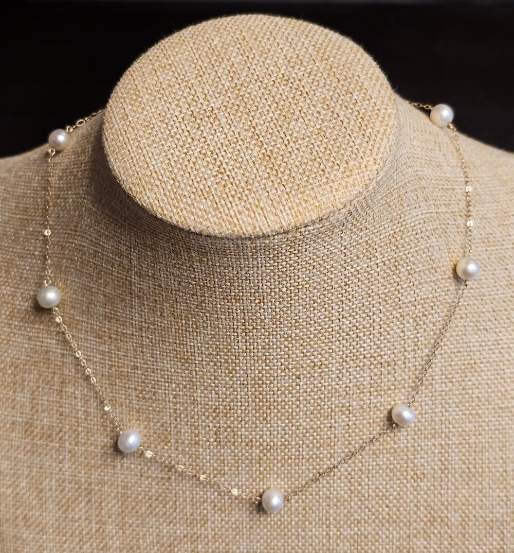 Yellow Gold 10K JCM Pearl Station Necklace Cable Spring Ring Clasp 15" w/2" ext